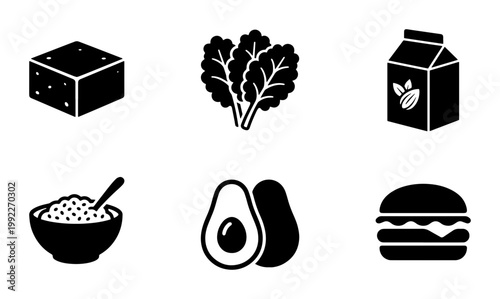 Vegan food icon set, plant based diet solid vector symbols, collection of 6 healthy vegetarian meal elements for menu design and nutrition apps