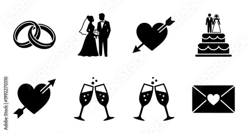 Wedding icon set with 8 black silhouettes, romantic marriage symbols including rings and bride and groom, elegant wedding celebration vector elements