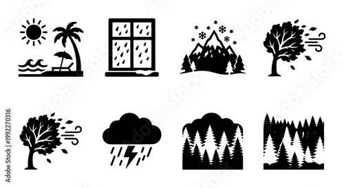 Weather and nature icons set, black silhouette climate symbols, 8 vector elements for meteorology and environment forecasting, seasonal landscape signs