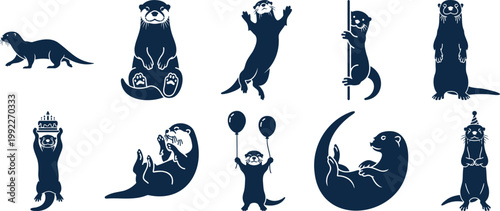 Playful otter silhouettes in various poses silhouette vector illustration with animal behavior wildlife silhouette illustration swimming sleeping silhouette vector illustration