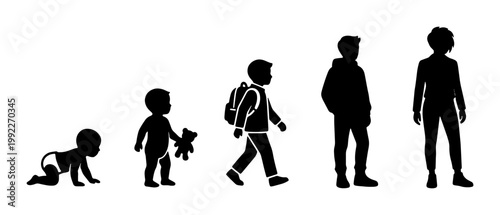 Human growth cycle silhouettes, life stages of a male from baby to adult, aging process vector icons, development of a boy illustration