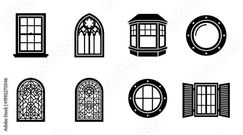 Vintage architectural window icons set, black silhouette building elements vector, classic gothic and porthole window designs, 8 house exterior symbols