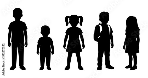 Children silhouettes collection, group of diverse school kids standing together, black vector shapes of boys and girls for education and family design