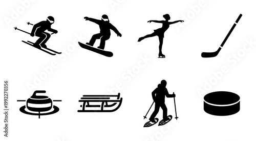 Winter sports icon set with 8 black silhouettes, minimalist winter games vector collection, athletic figures for skiing snowboarding and ice hockey