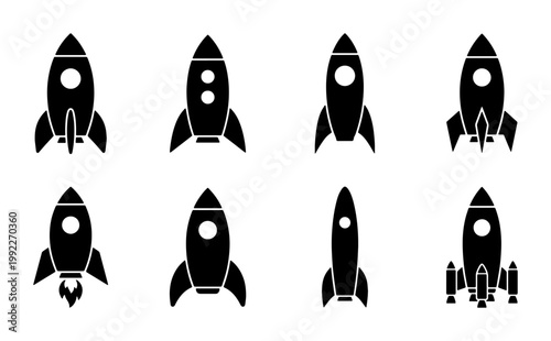 Minimalist rocket ship icons, set of 8 black spaceship silhouettes, flat vector spacecraft symbols for startup and business growth concepts