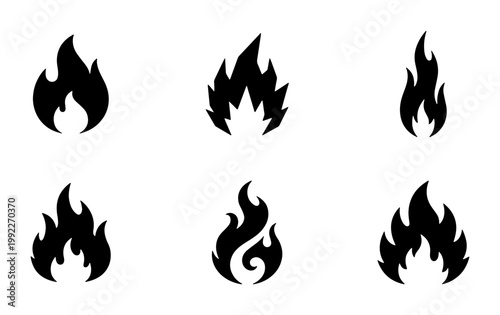 Black fire flame icons set, minimalist bonfire silhouette vector collection, simple heat and energy symbols for logo design and safety signage
