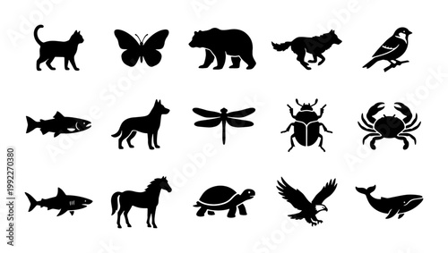 Black animal silhouettes collection, 15 wild and domestic animal icons, minimalist fauna vector set for logos and educational graphics
