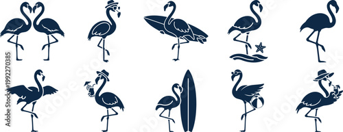Collection of stylized flamingo silhouettes with summer beach accessories and poses silhouette vector illustration
