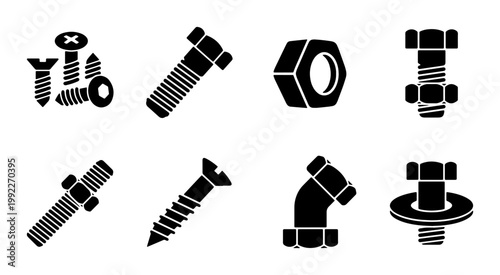Industrial hardware bolt and screw icon set, black metal fastener collection, 8 vector elements for construction and engineering projects