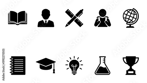 Education icon set with 10 black vector symbols, school and university learning elements, academic study and graduation collection for web design