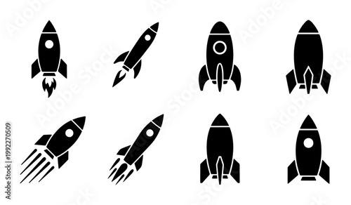 Rocket ship icon set, 8 black silhouette spacecraft vector elements, minimalist rocket launch symbols for business startup and technology projects