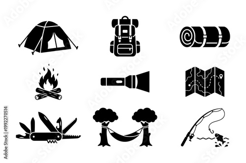 Camping and hiking icon set, black silhouette outdoor adventure symbols, 9 camping equipment vector elements for nature tourism and survival