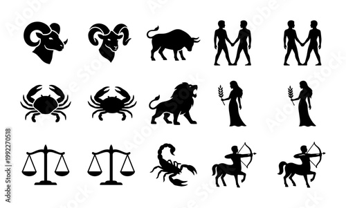 Zodiac signs vector icon set, black astrological horoscope symbols collection, celestial zodiac silhouettes for astrology and divination