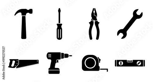 Black hand tool icons set, construction hardware equipment collection, 8 vector silhouettes for carpentry and home repair projects