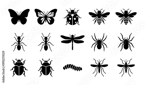 Black insect icons set, 15 minimalist bug silhouettes including butterfly, bee, and spider, flat vector garden pest and wildlife collection