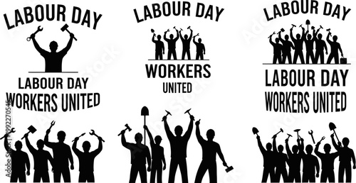labour day workers united celebration with silhouettes of workers and tools
