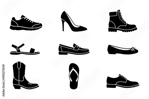 Minimalist footwear silhouette icons, set of 9 black shoe vector illustrations, modern fashion footwear symbols for retail and apparel design