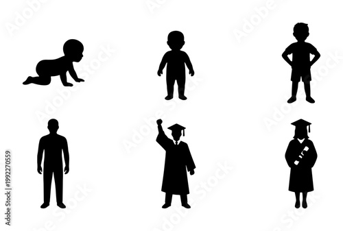 Human growth stages silhouettes, aging process from baby to graduate vector set, life cycle of man and woman icons, development and education concept