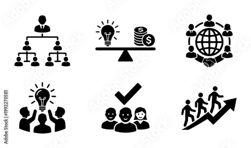 Business management icons set, corporate leadership and teamwork vector symbols, professional organization and strategy black pictograms