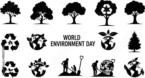World Environment Day ecofriendly icons set with trees recycling symbols and people planting trees to promote sustainability and environmental conservation in one place