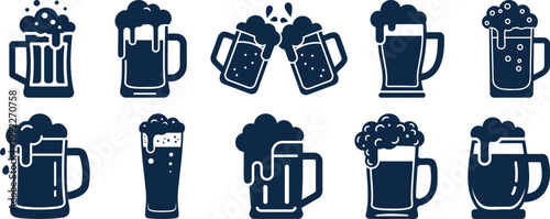 Collection of dark blue beer mug icons with foam overflowing for party and bar concepts. silhouette vector illustration
