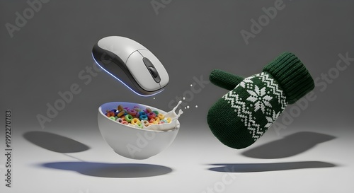 A floating computer mouse, a bowl of cereal, and a winter glove, conceptual art.