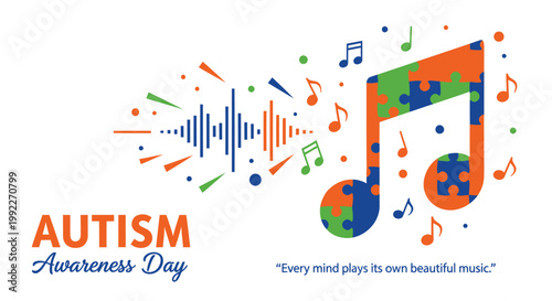 Autism Awareness Day, puzzle pieces, colorful music notes, autism acceptance symbol