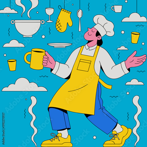 A cheerful cartoon chef dancing with kitchen utensils and dishes in a whimsical blue background with clouds and steam rising from cookware happily