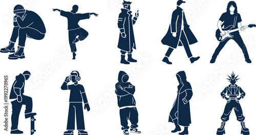 Collection of diverse urban character silhouettes in various active and casual poses silhouette vector illustration