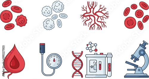Medical and science illustrations including blood cells vessels and laboratory equipment
