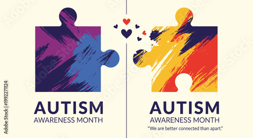 Autism Awareness Month, puzzle pieces, colorful graphics, autism acceptance, social cause icons