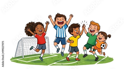 Excited kids celebrate a goal in the soccer field! A soccer team full of joy and happiness