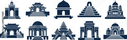 Collection of various traditional asian architectural silhouettes including temples and shrines. silhouette vector illustration
