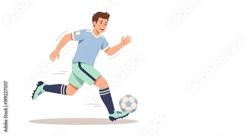 A soccer player dribbling the ball across a grassy field. The player is focused and moving at speed toward scoring