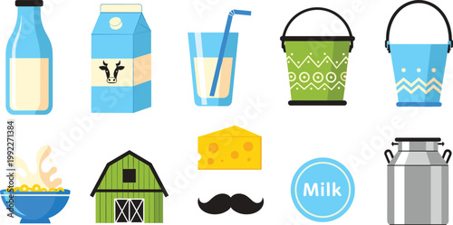 Fresh Dairy Farm and Milk Product Vector Illustration Set Featuring Milk Bottle, Carton, Cheese, Cereal Bowl, and Barn for Healthy Breakfast and Agriculture Designs
