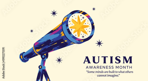 Autism Awareness Month, colorful telescope illustration, neurodiversity symbol, starry night sky, educational graphic