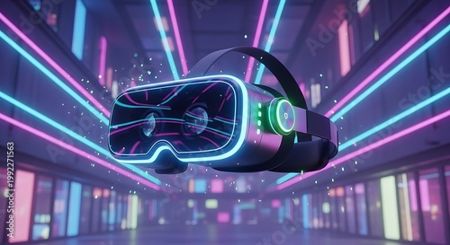 Futuristic VR headset floating in neon-lit corridor, virtual reality technology concept