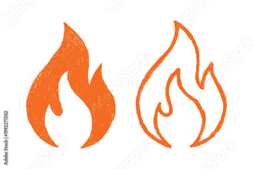 Orange Hand Drawn Fire Flame Icon Set Sketchy Doodle Vector Illustration
