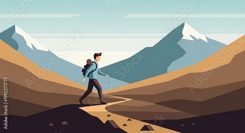 Man hiking on mountain path with backpack, adventure and travel concept