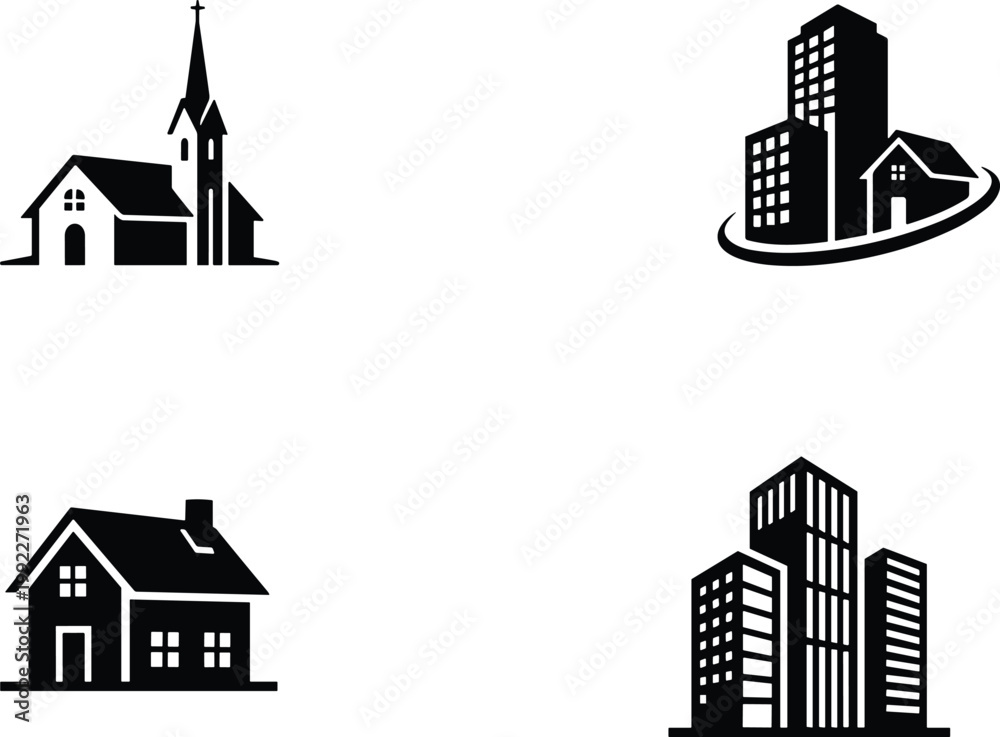 Fototapeta premium Set of black building icons featuring residential house church and city skyscraper silhouettes for real estate construction urban development and community architectural graphic design elements