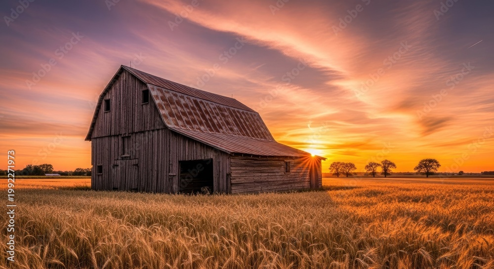 Obraz premium Rustic barn at sunset dramatic sky over agricultural field