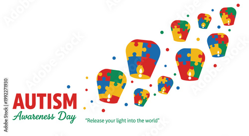 Autism Awareness Day, puzzle piece balloons, colorful illustration, autism support symbol