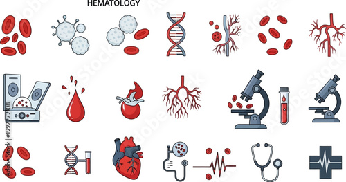 Hematology medical icons set including blood cells DNA heart and medical equipment for health and science concepts