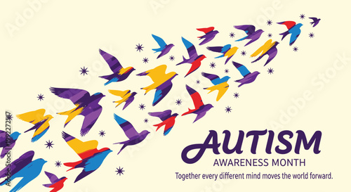 Autism Awareness Month, colorful birds, purple text, social cause, mental health