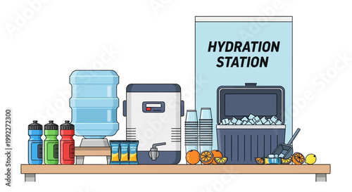 Hydration station with water coolers and sports drinks on a wooden table