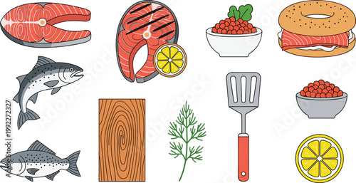 Fresh Salmon Fish and Seafood Cooking Vector Illustration Set Featuring Raw Fillets, Grilled Steaks, Caviar, Salmon Bagels, and Kitchen Tools for Culinary Designs