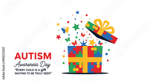 Autism Awareness Day, puzzle piece gift box, colorful stars, autism acceptance symbol, World Autism Day
