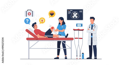 Medical professionals examining patient with leg injury in clinic