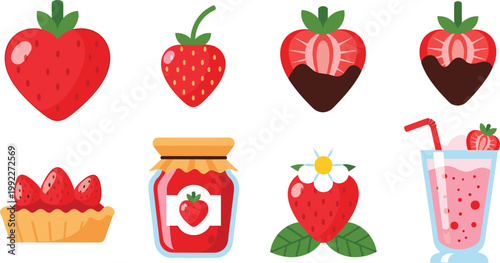 Fresh Strawberry Fruit and Sweet Dessert Vector Illustration Set Featuring Chocolate Dipped Strawberries, Jam Jar, Fruit Tart, and Milkshake for Food Branding and Cafe Menus