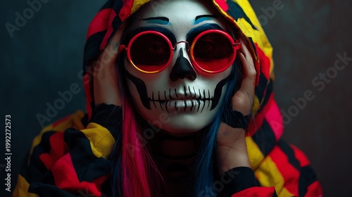 A woman wearing a skull mask with colorful hair and sunglasses